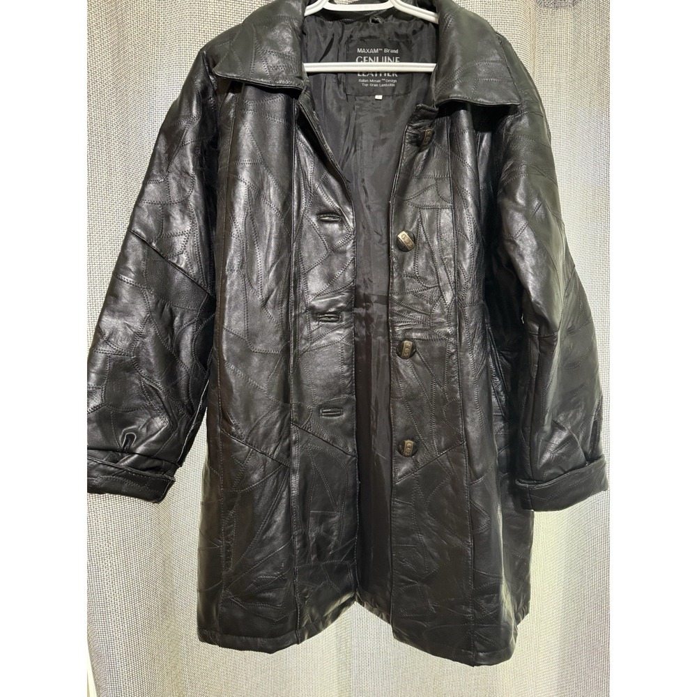 Maxam Brand Italian Mosaic Leather Lambskin Jacket Black Trench Coat Vintage L
